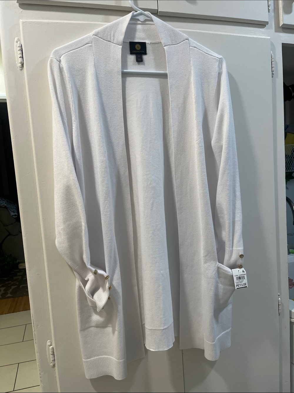 JM Collection White Open Front Cardigan with Pocket and Button Cuff